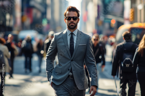A portrait of a businessman cheerfully walking along a busy city street in a blurred form, emphasizing the energy of urban life