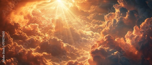 A Profound Sense Of Hope Awakens With The Radiant Sunrays Breaking Through The Celestial Clouds. Сoncept Sunrise Serenity, Celestial Awakening, Hopeful Sunrays, Profound Cloud Break photo