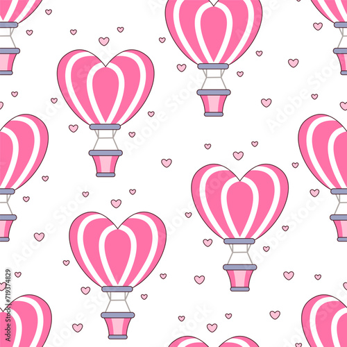 Vector seamless pattern with aerostat and small pink hearts. A balloon in the shape of a heart. Cartoon festive illustration with outline