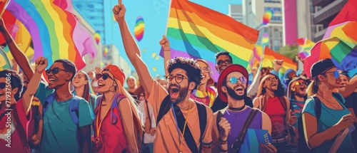 Multicultural Group Voicing Support For Lgbtq Rights During Energetic Pride March. Сoncept Cultural Diversity, Lgbtq Rights, Pride March, Group Support, Energetic Activism