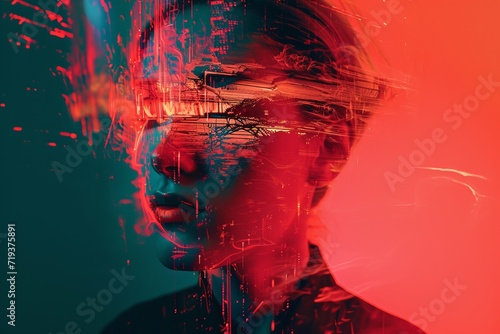 Double exposure portrait with technology theme.