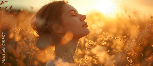 Radiant Woman Basking In The Suns Warm Glow Amidst A Scenic Field. Сoncept Nature-Inspired Portraits, Golden Hour Photoshoot, Serene Outdoor Beauty, Sun-Kissed Moments
