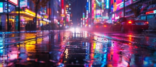 Raindrenched City Street With Vibrant Light And Artistic Graffiti Wall At Night.   oncept Nature-Inspired Landscapes  Urban Cityscape  Candid Street Photography  Abstract Architectural Shots