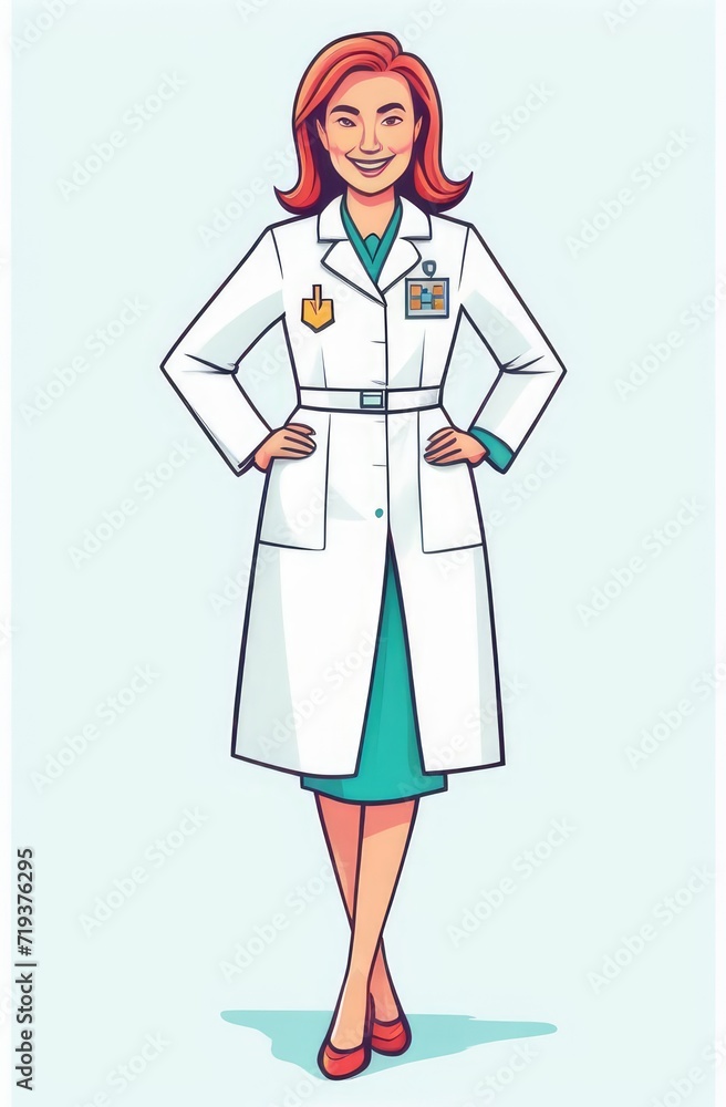 illustration of young smiling woman in white coat. doctor, medical personal in hospital. illustration of young smiling woman in white coat. doctor, medical personal in hospital.