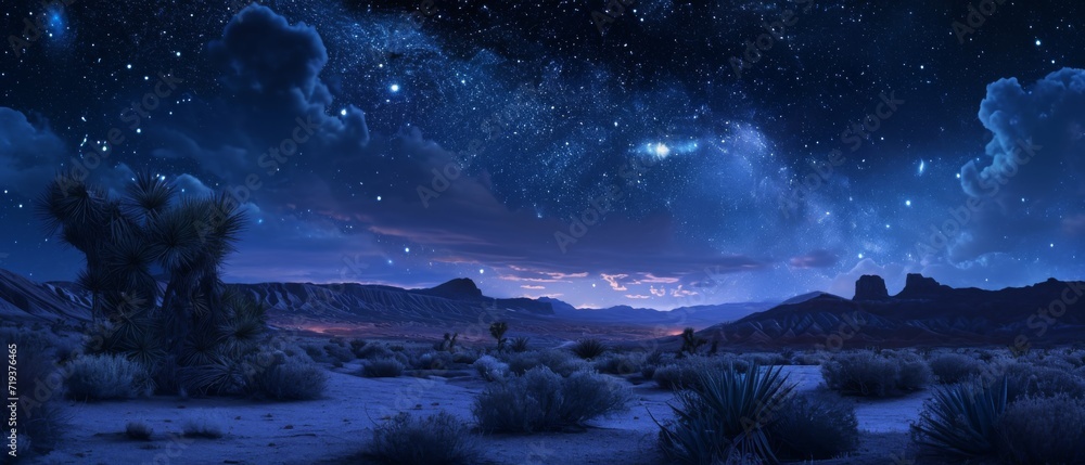 Capturing Tranquility: An Enchanting Desert Landscape Beneath A Starry Night Sky. Сoncept Enlightening Yoga Retreat: Find Inner Peace And Balance In Nature's Embrace