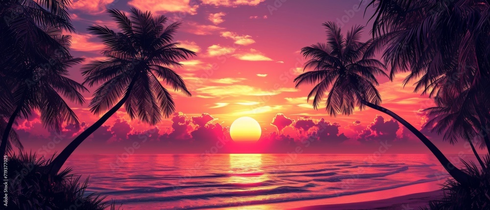 Stunning Palm Tree Silhouettes Against Magnificent Tropical Sunset Beach Scene Ideal For Summer Getaways. Сoncept Beach Vacations, Tropical Sunsets, Palm Tree Silhouettes, Summer Getaways