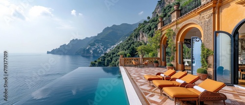 Stunning Seaside Villa In Italys Amalfi Coast, Boasting Panoramic Ocean Views. Сoncept Luxury Accommodation, Coastal Getaway, Italian Riviera, Breathtaking Scenery, Exquisite Design © Ян Заболотний