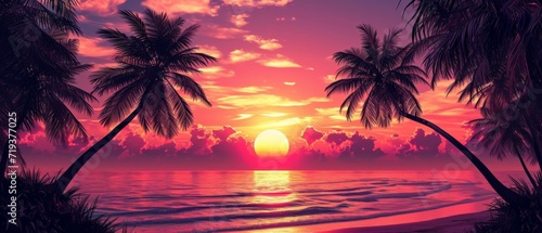 Stunning Palm Tree Silhouettes Against Magnificent Tropical Sunset Beach Scene Ideal For Summer Getaways. Сoncept Beach Vacations, Tropical Sunsets, Palm Tree Silhouettes, Summer Getaways