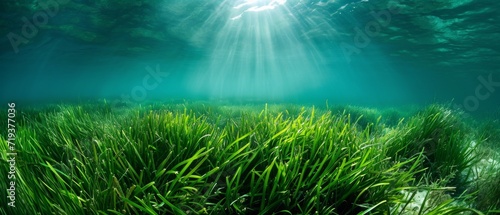 Stunning Underwater Capture Of Lush Green Seagrass, Transforming The Ocean Bed. Сoncept Macro Photography, Serene Nature Landscapes, Vibrant Underwater Life, Majestic Ocean Creatures