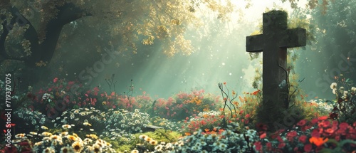 Photo Subdued Tones Of Grief Adorn A Tranquil Resting Place With Flowers