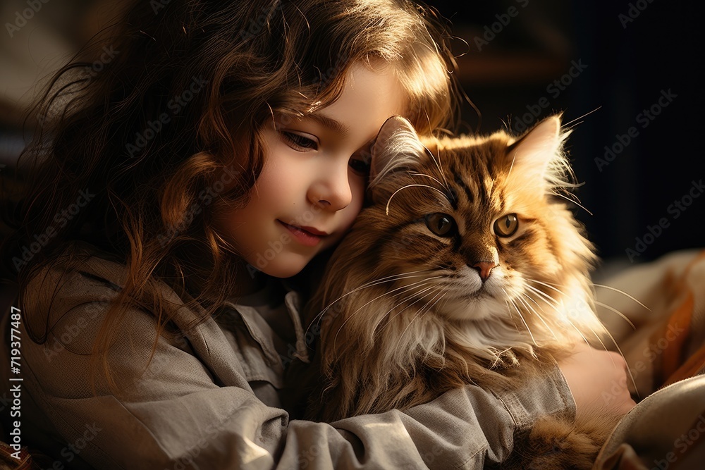 A tender moment captured as a woman embraces her domestic cat, their faces radiating warmth and comfort as the soft fur and delicate whiskers create a heartwarming scene A tender moment captured as a woman embraces her domestic cat, their faces radiating warmth and comfort as the soft fur and delicate whiskers create a heartwarming scene