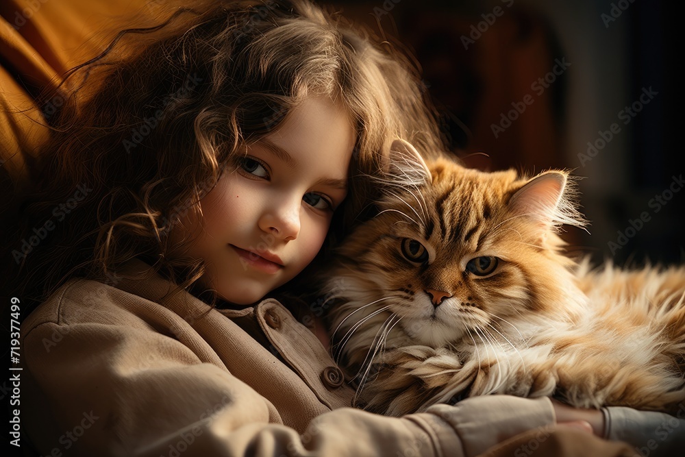 A young woman tenderly cradles a domestic cat in her arms, their contrasting fur and skin tones blending in a serene indoor portrait