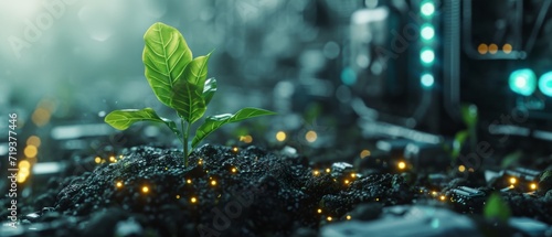 Flourishing Technology: The Evolution Of A Digital Seedling In A Futuristic Landscape. Сoncept Virtual Reality Gaming, 5G Wireless Networks, Artificial Intelligence In Healthcare