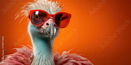 Ostrich with red glasses on an orange gradient background.