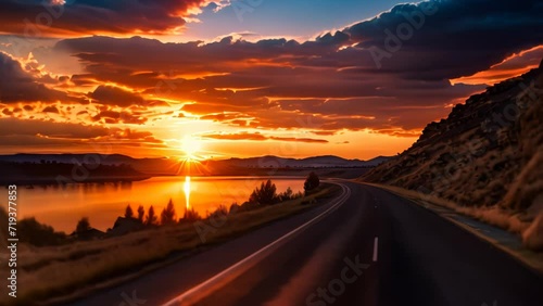 lake and road at sunset  photo