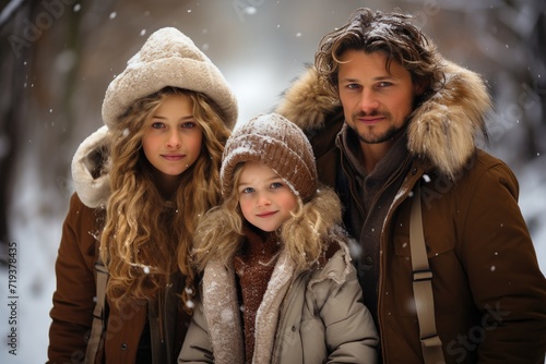 A smiling group of young people stand in a winter wonderland, clad in cozy parkas and fur jackets, posing for a picture in the snowy park