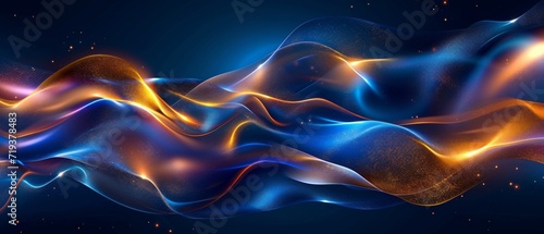 Vibrant And Dynamic Abstract Background With Gold And Blue Neon Waves. Сoncept Abstract Art, Colorful Waves, Neon Aesthetic, Dynamic Backgrounds