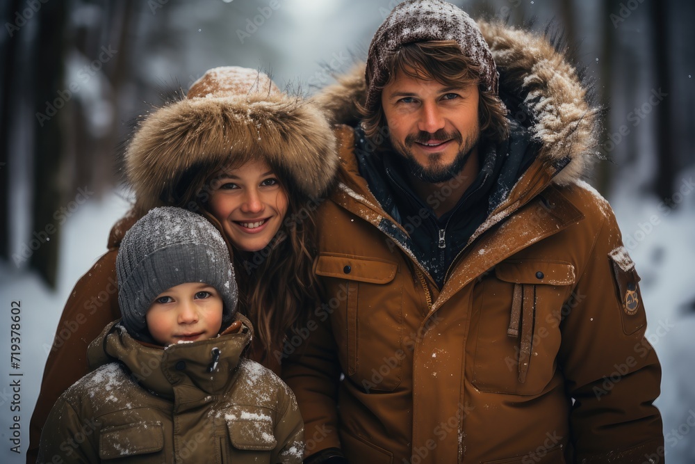A loving family bundled up in warm winter gear, exploring a snowy wonderland with bright smiles and cozy jackets A loving family bundled up in warm winter gear, exploring a snowy wonderland with bright smiles and cozy jackets