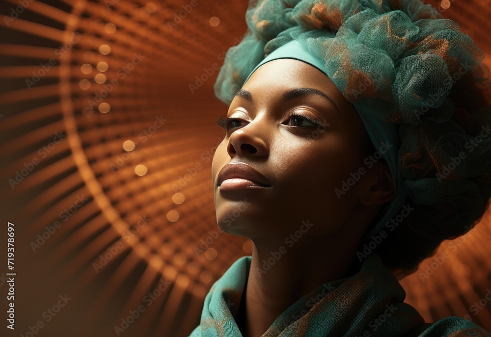 A stunning woman adorned with a turban and scarf embodies grace and strength in this striking portrait, showcasing the fusion of art and fashion A stunning woman adorned with a turban and scarf embodies grace and strength in this striking portrait, showcasing the fusion of art and fashion