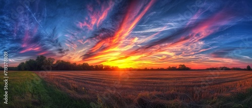 Vibrant Colors Paint The Sky As The Sun Sets In The Field. Сoncept Landscape Photography, Sunset Silhouettes, Natural Beauty, Golden Hour Serenity