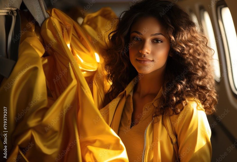A beaming lady in a vibrant yellow jacket exudes confidence and style in her indoor portrait, showcasing the perfect blend of fashion and personality
