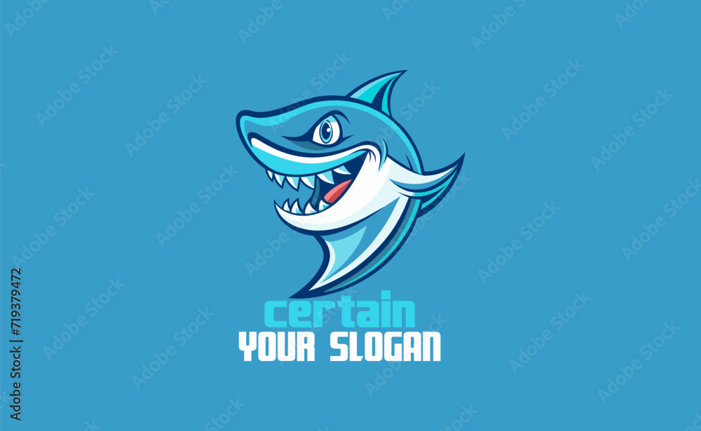 Obraz premium Cute Blue Shark Logo, Minimalist Smiling Mascot in Funny Cartoon Vector Style