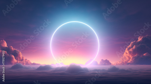 Transcendent Neon Halo Amidst Clouds at Dawn