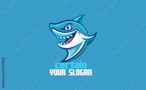 Cute Blue Shark Logo, Minimalist Smiling Mascot in Funny Cartoon Vector Style