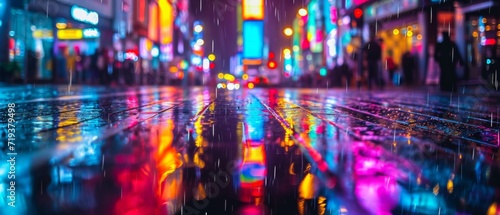 Vibrant Neon Lights Cast A Kaleidoscope Of Colors On A City Street At Night. Сoncept Urban Night Photography, Neon Cityscape, Colorful Nightscapes, Neon Lights Photography, Vibrant City Streets