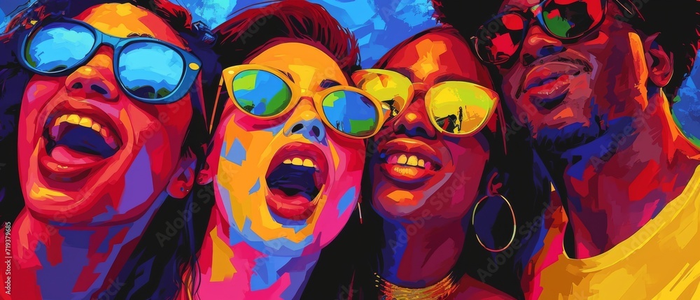 Vibrant Pop Art Group Selfie Captures Partys Joyful Atmosphere And Energetic Social Interaction. Сoncept Festive Group Selfies, Pop Art-Inspired Portraits, Energetic Social Interactions
