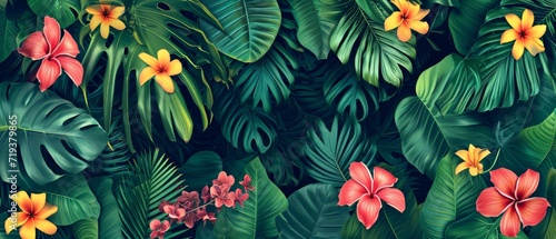 Vibrant Tropical Leaves Form A Lush Background With A Fresh Floral Pattern. Сoncept Nature-Inspired Photoshoot, Floral Fantasy, Tropical Paradise, Leafy Green Portraits, Vibrant Summer Vibes © Ян Заболотний