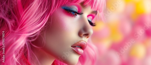Vibrant Woman Wearing A Pink Wig With Bright, Expressive Makeup. Сoncept Fashionable Street Style, Edgy Urban Graphics, Stunning Black And White Portraits, Captivating Nature Landscapes