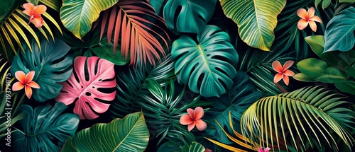 Creating A Fresh Floral Pattern  Tropical Leaves Enrich The Lush Background.   oncept Gorgeous Garden Blooms  Exotic Flower Arrangements  Vibrant Floral Prints  Botanical Paradise