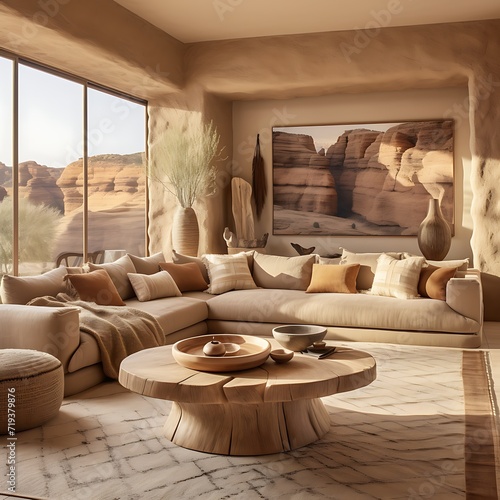 Desert-inspired living room with warm earthy tones and rustic furnishings