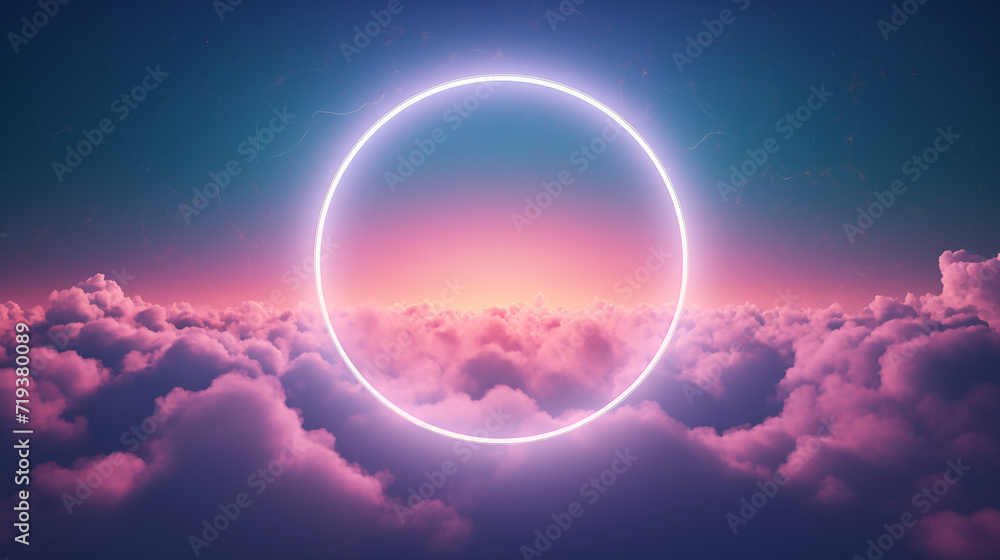 Serene Neon Circle Hovering Above Cloudscape at Dusk - obrazy, fototapety, plakaty 