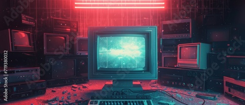 Retro Wave Background On Vintage Computer Screen With Vhs Noise And Glitch Effects. Сoncept Retro Wave Aesthetic, Vintage Computer Screen, Vhs Noise, Glitch Effects photo