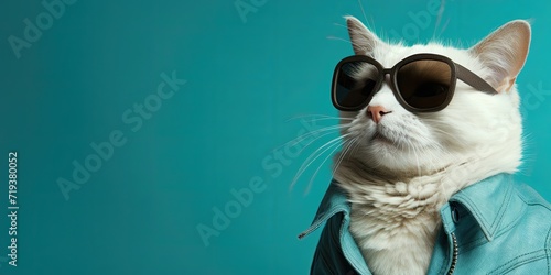 Fashionable cat with dark sunglasses, blue background.