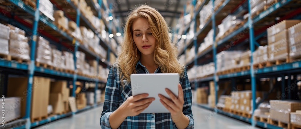 Woman Uses Tablet To Manage Stock Inventory In Smart Warehouse. Сoncept Smart Warehousing, Inventory Management, Tablet Usage, Warehouse Efficiency, Technology Integration