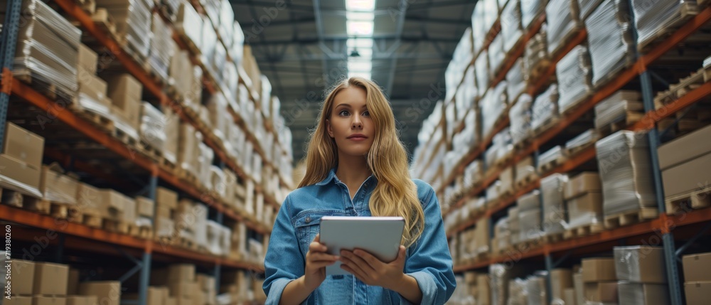 Efficient Inventory Management In A Smart Warehouse: Woman Harnesses Tablet Technology. Сoncept Digital Marketing Strategies For Small Businesses: Tips For Success, Social Media Advertising
