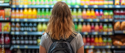 Woman Examining Juice Bottle In Grocery Store, Seen From Behind. Сoncept Healthy Choices, Grocery Shopping, Reading Labels, Women Empowerment, Wellness