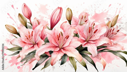 Watercolor soft pink lily illustration. AI generated