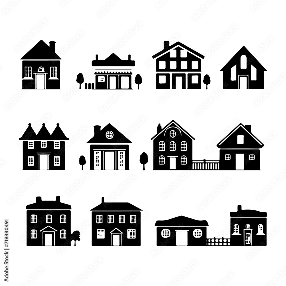 House Black Silhouette. Unique Mansion And Private Houses Art. House Icon Vector illustration
