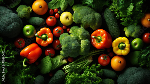 Fresh organic vegetables and greens background. Healthy Mediterranean diet. Holistic nutrition concept. Generative AI