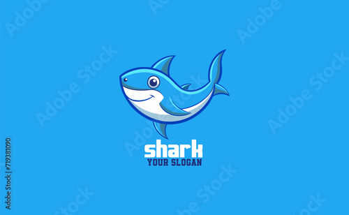 Cute minimalist shark logo, blue shark smiling character mascot icon funny cartoon vector style