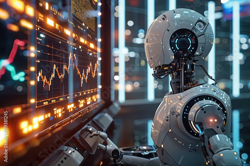 A robot engaged in a screen displaying stock trading and cryptocurrency analysis.