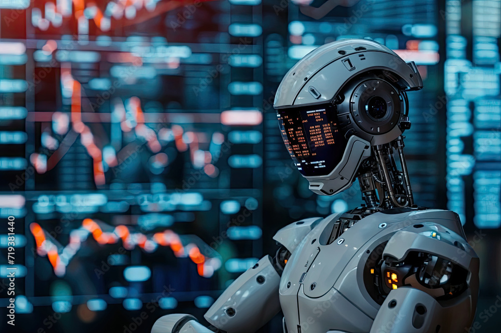 A robot engaged in a screen displaying stock trading and cryptocurrency analysis. A robot engaged in a screen displaying stock trading and cryptocurrency analysis.