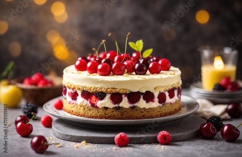 Delicious cherry biscuit cake torte dessert with fresh berries and butter cream on concrete background