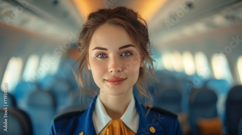 Skybound Elegance: Portrait of Stewardess in Airplane Cabin