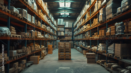 Photo of large warehouse or sorting center with many racks of packaged goods. There are stands on both sides and there are no people in the photo.