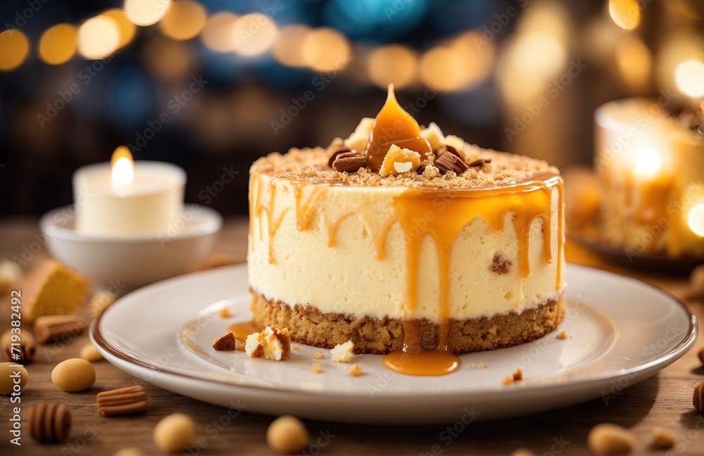 Decorated caramel vanilla cheesecake cake on a plate Decorated caramel vanilla cheesecake cake on a plate